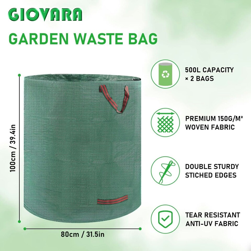 image 1 of 2 x 500L Garden Waste Bags GIOVARA Waterproof Heavy Duty, Waterproof, Foldable, Reusable Garden Waste Bags