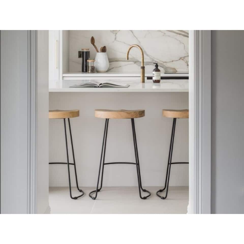 image 1 of Solid Hard Wood Black Metal Breakfast Bar Kitchen Pub Café Stool Wooden H 70 x W 52 x D 36 cm