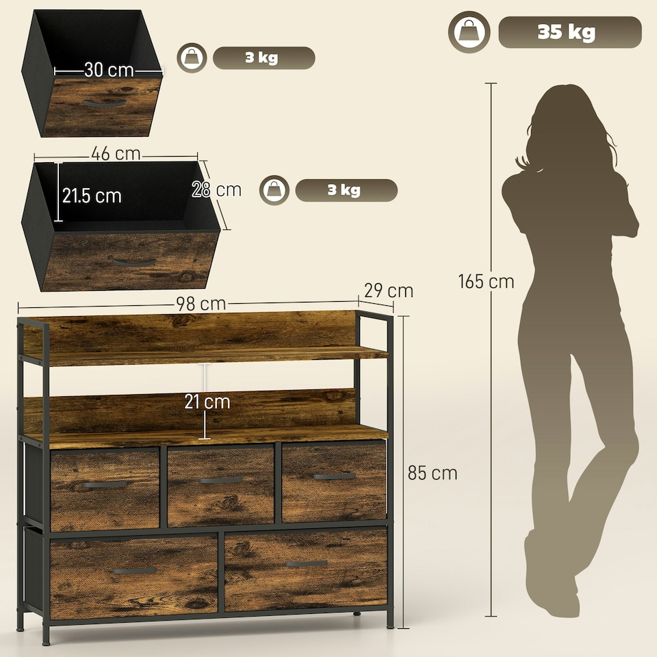 image 1 of HOMCOM Bedroom Chest of Drawers 5 Drawer Dresser w/ Shelves, Grey Wood Effect