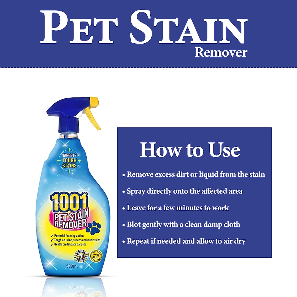 image 1 of 1001 Pet Stain Remover Spray 500ml Fast Acting Carpet and Upholstery Cleaner for Dog Cat Urine Vomit Faeces Mud Pet Stains