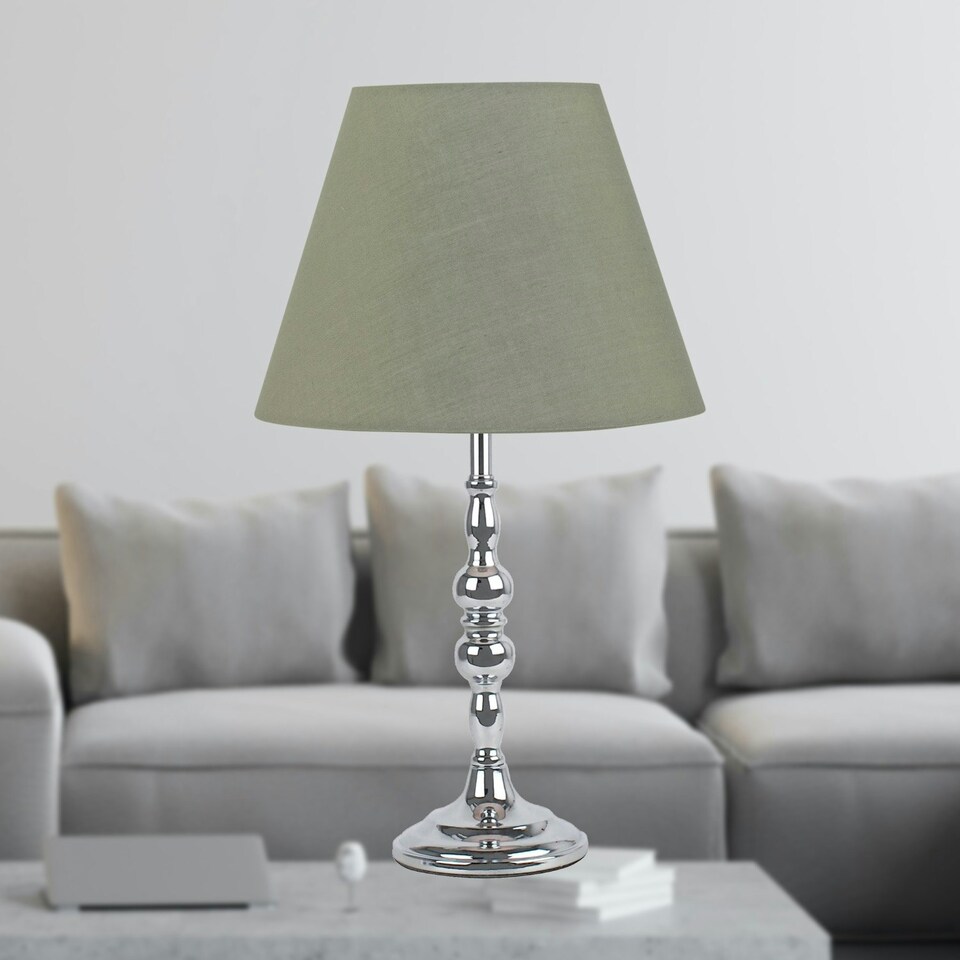 image 1 of Chrome Table Lamp with Decorative Stem and Sage Green Shade Chrome | Green