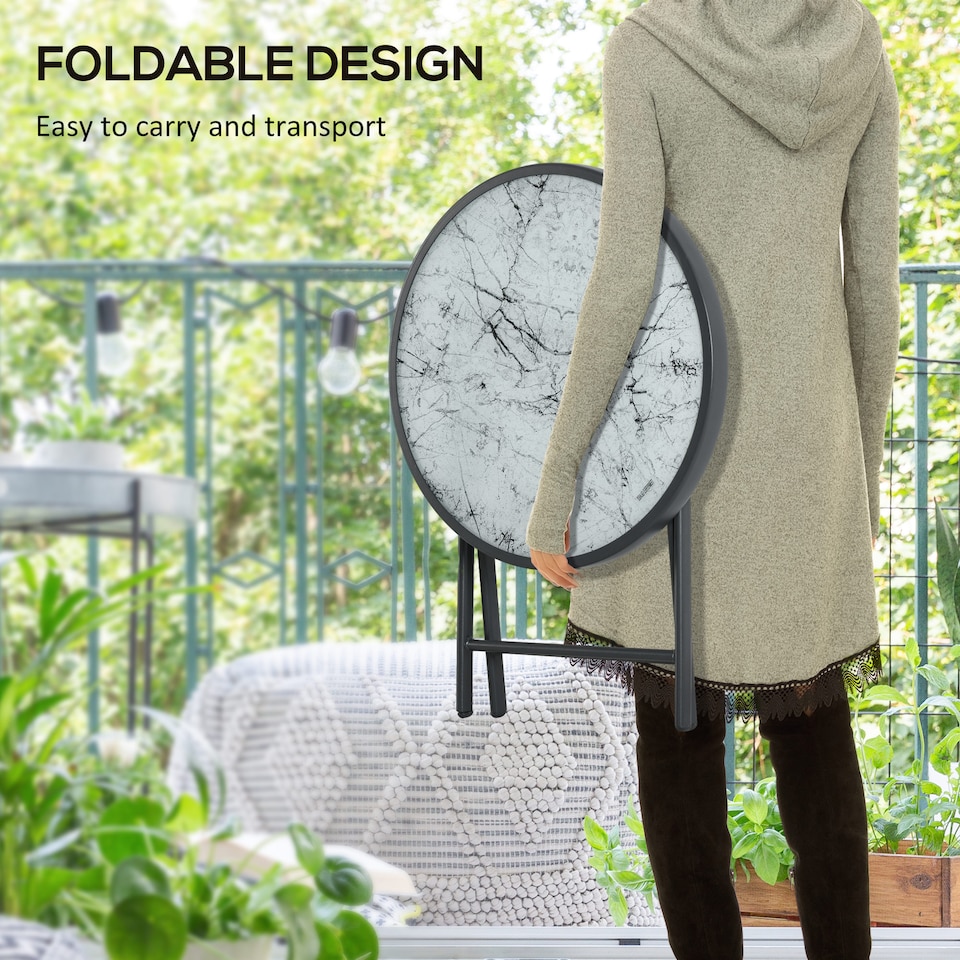 image 1 of Outsunny Round Folding Side Table w/ Imitation Marble Glass Top, White