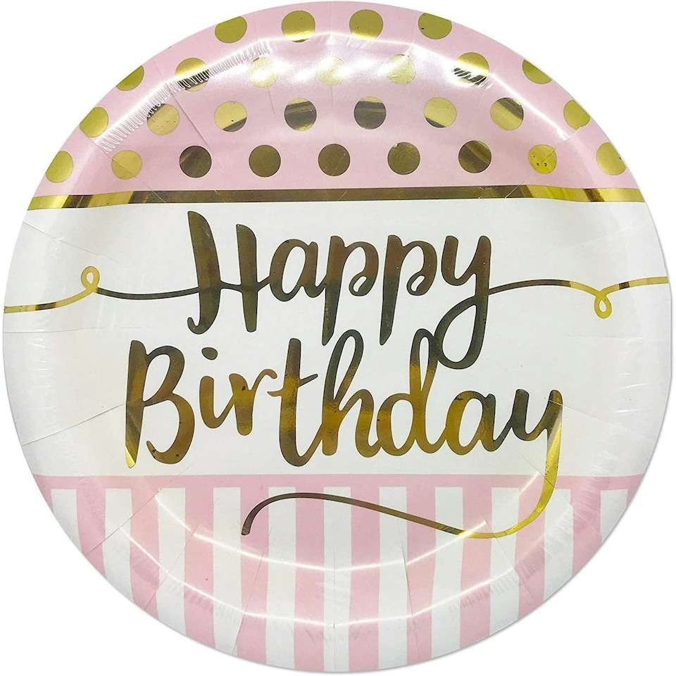 Creative Party louise´s party Paper Happy Birthday Dinner Plate - White/Pink/Gold - One Size