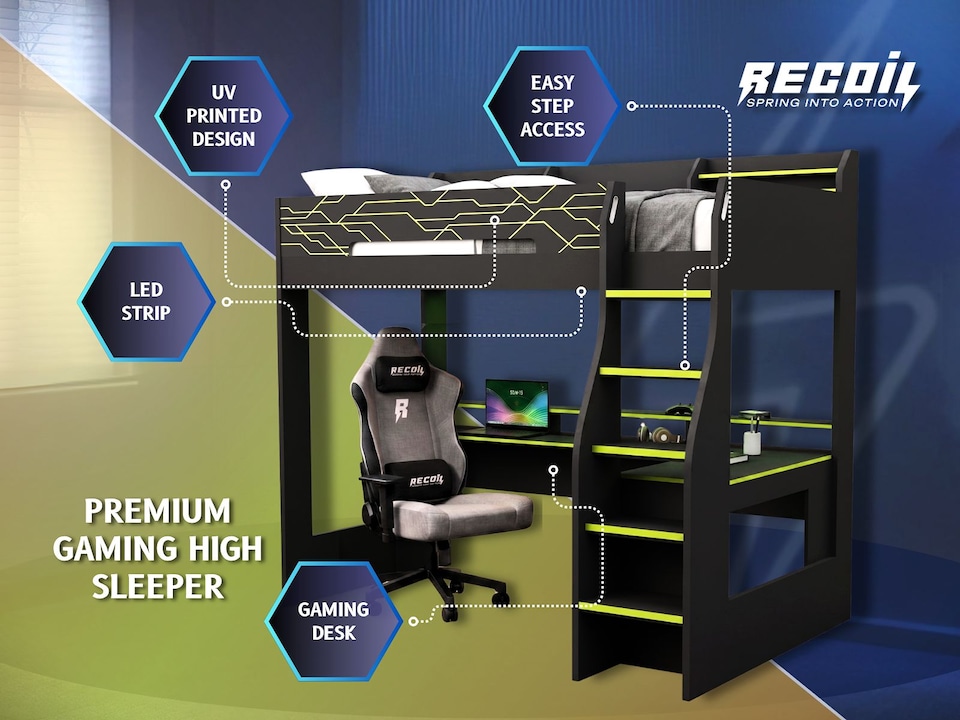 image 1 of Recoil Ultimate Vivid Gaming High Sleeper with Desk Charcoal & Green Small Double