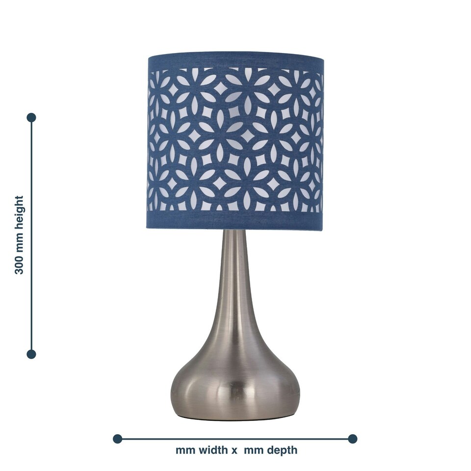 image 1 of Set of 2 Romana - Brushed Chrome Touch Operated Table Lamps Bedside Lights Navy Blue Laser Cut Shade Silver | Blue