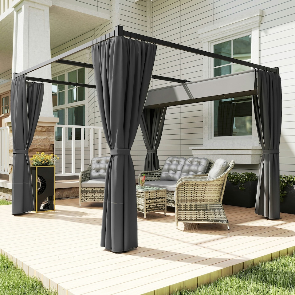image 1 of Outsunny 3 x 3(m) Pergola with Retractable Roof and Curtains, Charcoal Grey