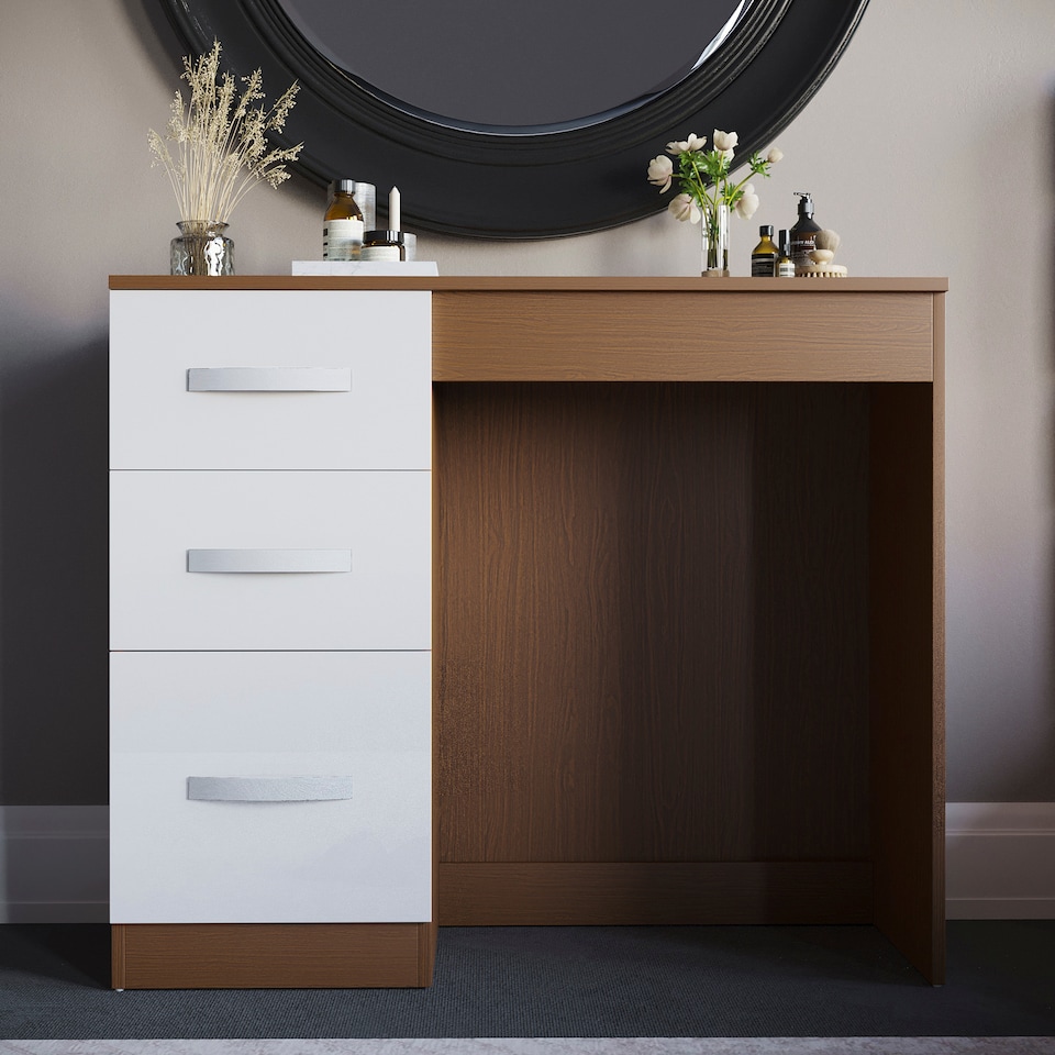 image 1 of Vida Designs Hulio 3 Drawer Dressing Table High Gloss Vanity Makeup Desk, Walnut & White