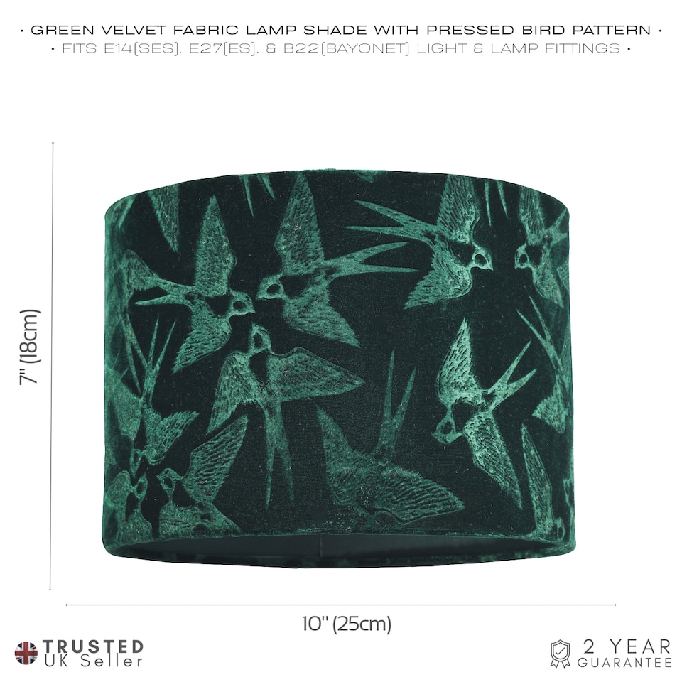 image 1 of Bird Decorated Dark Forest Green Velvet Fabric Lamp Shade with Inner Lining | Green | 10"