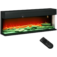 HOMCOM 60152cm 3-Sided Electric Fireplace Wall Mounted, Recessed, Insert, Freestanding, Glass Electric Fire with 7 Adjustable LED Flame Effect, Log, Crystal, Remote Control, 1800W, Black