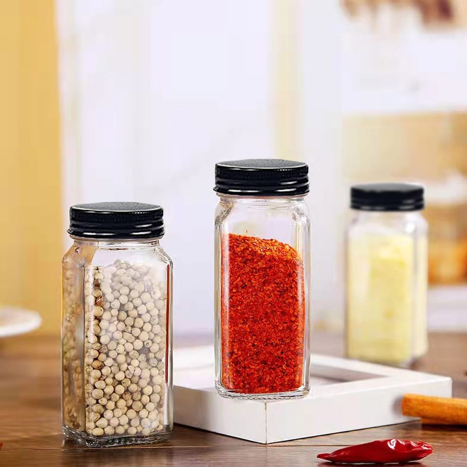 image 1 of Living and Home 24Pcs Glass Spice Jars with Metal Lids | Black