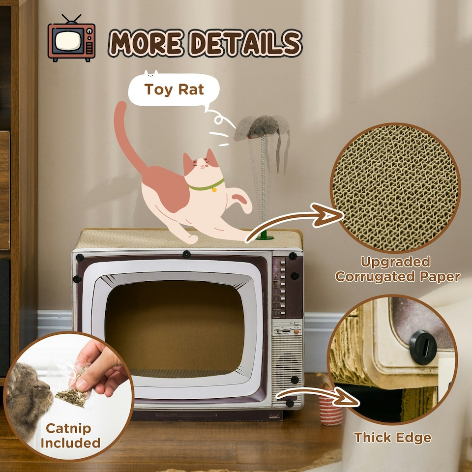 image 1 of PawHut TV-Shaped Cat House, Cardboard with Scratcher Catnip Toy Mouse