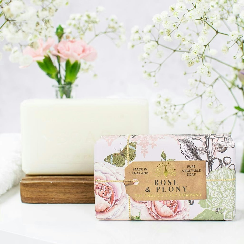 image 1 of The English Soap Company Anniversary Wrapped Soap Bar, Floral Scented Shea Butter Soap, Moisturising Soap Bar for Body, Rose and Peony Scent 190g