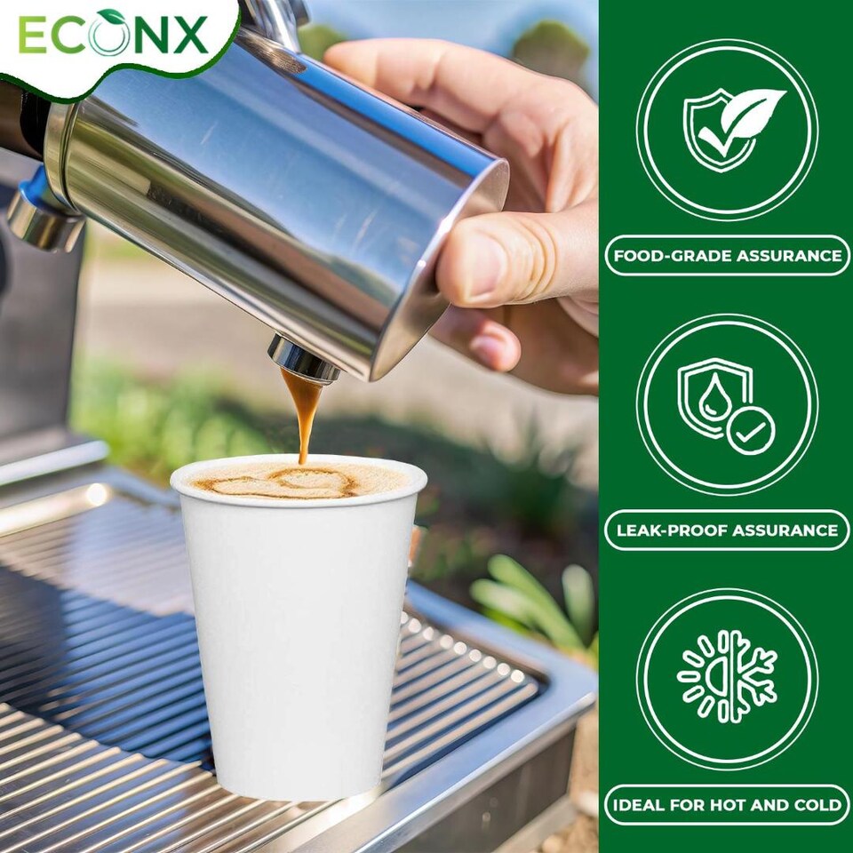 image 1 of ECONX 8oz Disposable Single Wall White Paper Cups Cold Coffee Drinks Takeaway Cups Pack Of 50
