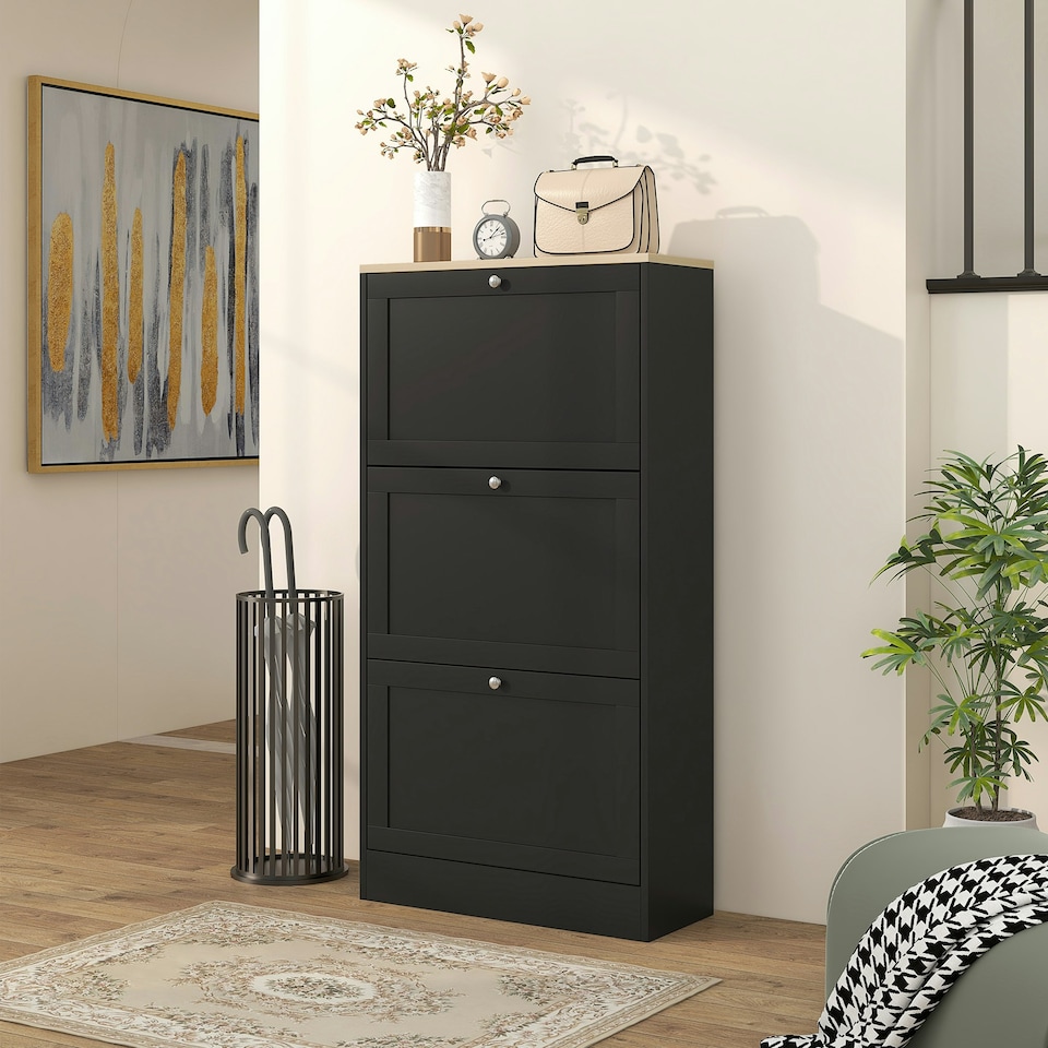image 1 of HOMCOM Narrow Shoe Cabinet with 3 Flip Drawers for 18 Pairs of Shoes Black Black