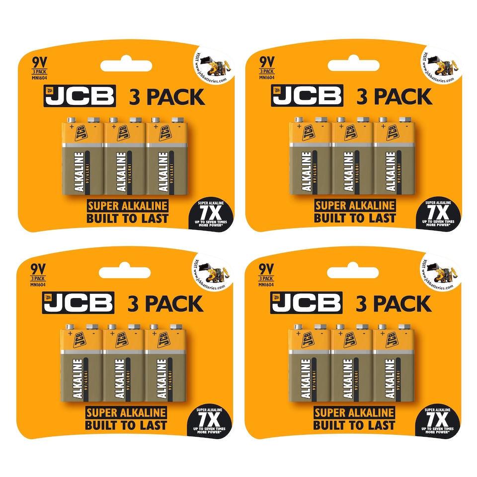 4x JCB 9V Alkaline Batteries - Pack of 3 | Multi | 9V | 3