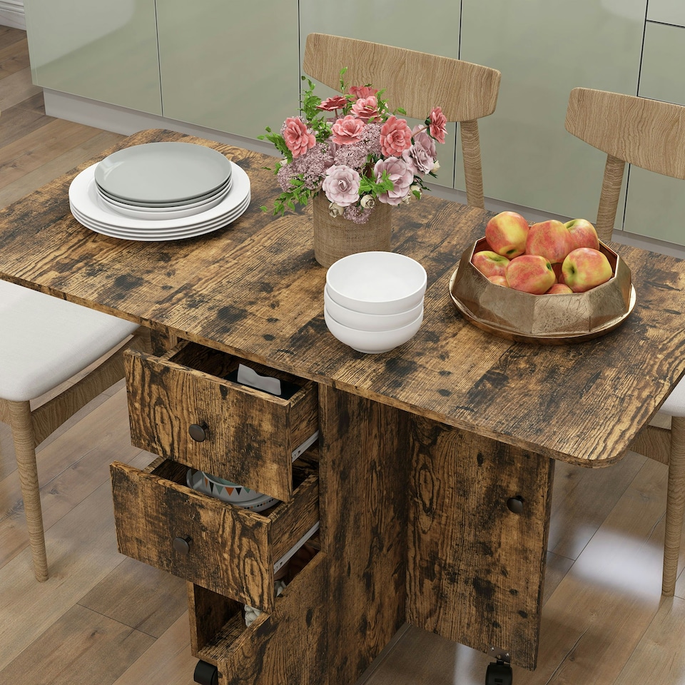image 1 of HOMCOM Folding Dining Table, Drop Leaf Table With Drawers Rustic Brown
