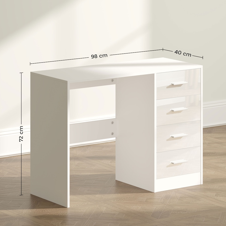 image 1 of HOMCOM Computer Desk with Drawers, Dressing Table, High Gloss Home Office Writing Workstation, White