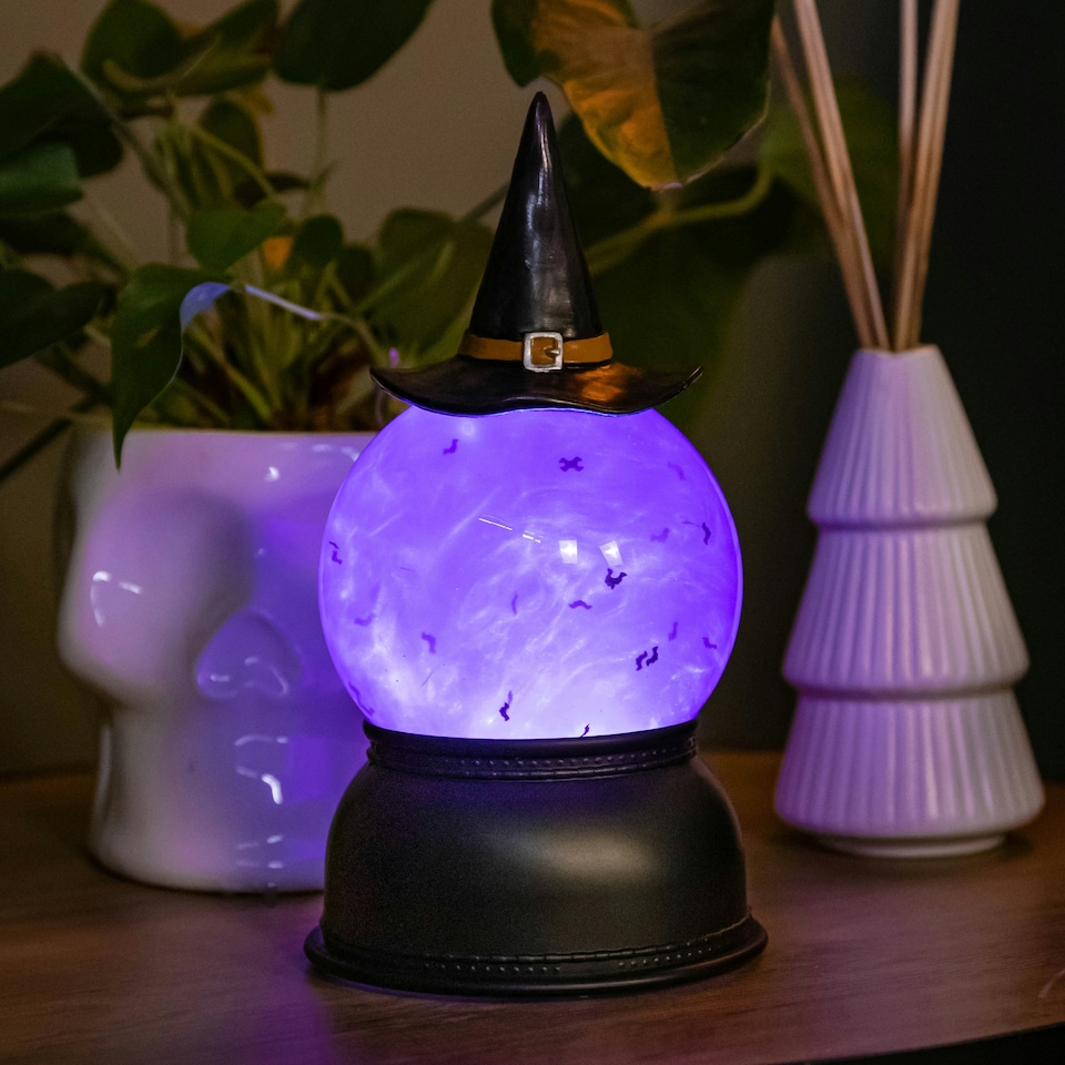 image 1 of 20cm Battery Operated Light up Purple Witchs Hat Water Globe Decoration