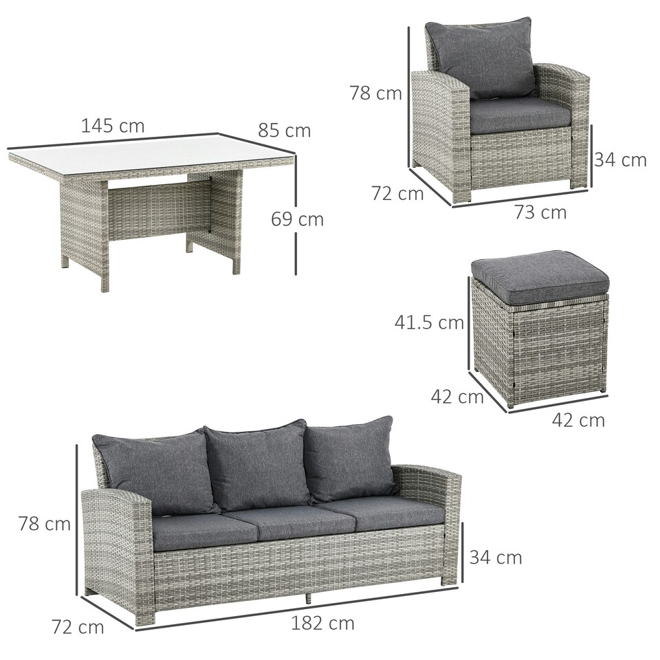 image 1 of Outsunny 6Pcs Rattan Sofa Set Coffee Table Footstool Outdoor w/ Cushion