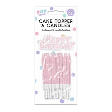 Pastel Pink Happy Birthday Cake Topper and Candles with Holders Pink