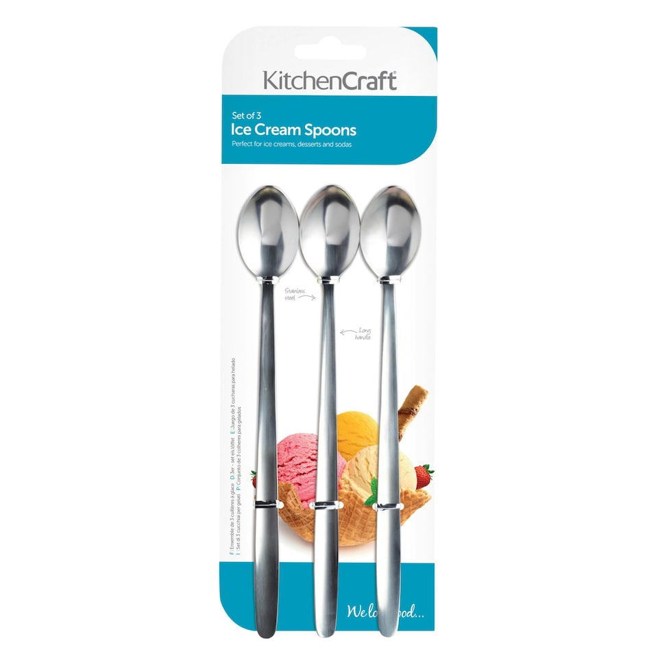 image 1 of KitchenCraft Ice Cream Soda Spoons Silver Stainless Steel Set of 3