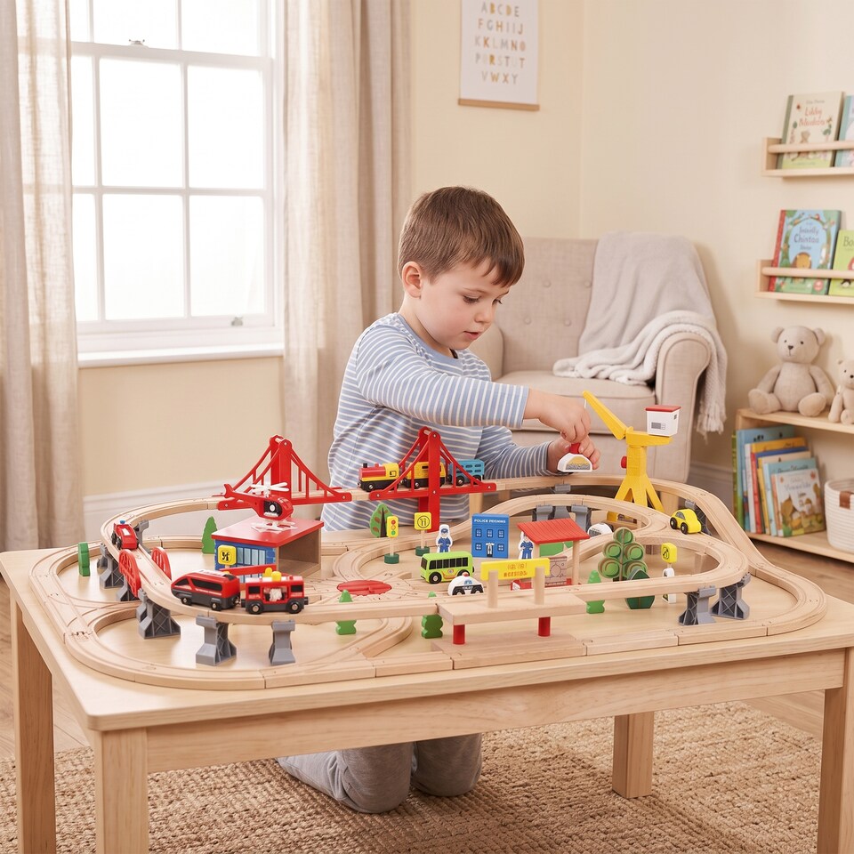 image 1 of AIYAPLAY 133 Piece Wooden Train Set, Toy Train Set with Crane for 3+ Years