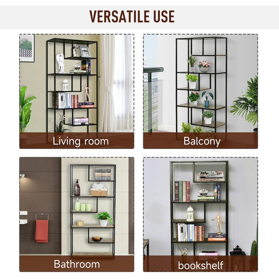 image 1 of HOMCOM Wood Bookshelf Industrial Style 6 Tier Living Room Display Rack Organiser