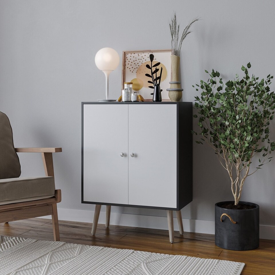 image 1 of Black 60cm 2 Door Living Room Storage Cabinet w/ Shelf and Splayed Legs