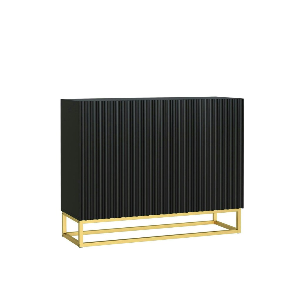 image 1 of Black Sideboard 100cm Fluted Doors Gold Frame Modern Storage Cabinet