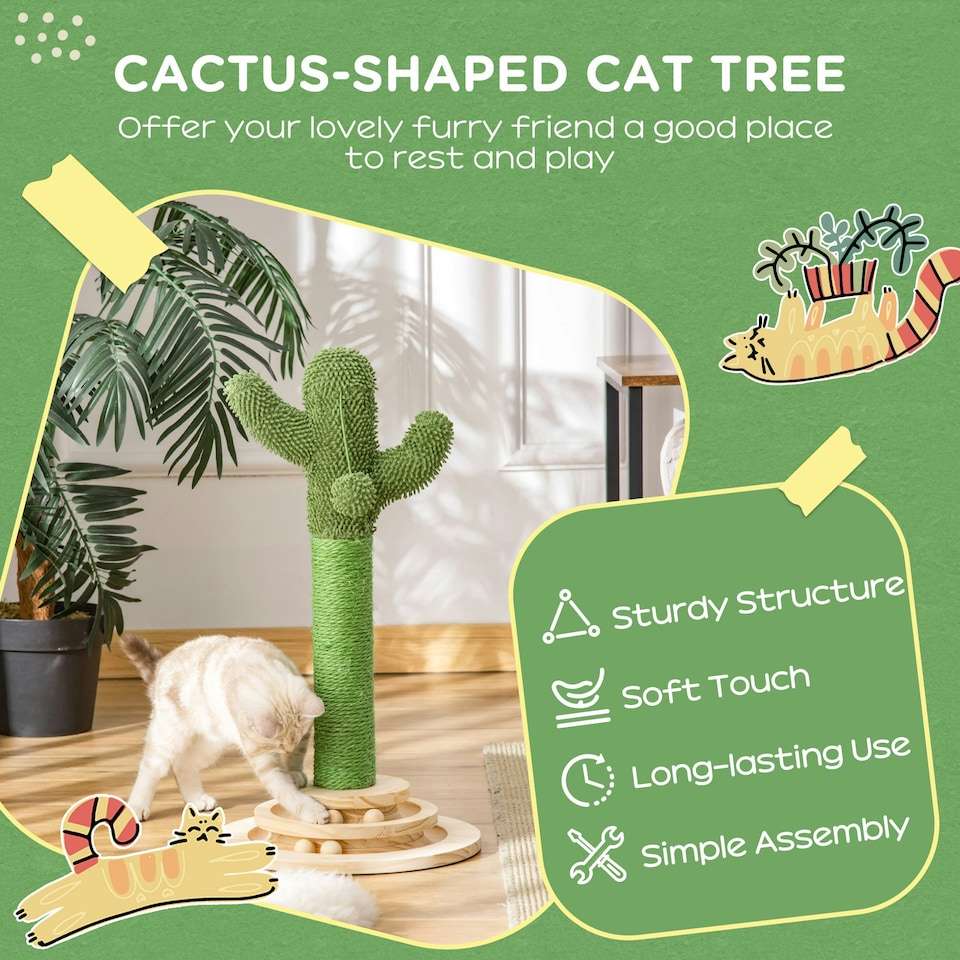 image 1 of PawHut Cactus Cat Tree, 60cm Sisal Scratching Post for Indoor Cats, Green
