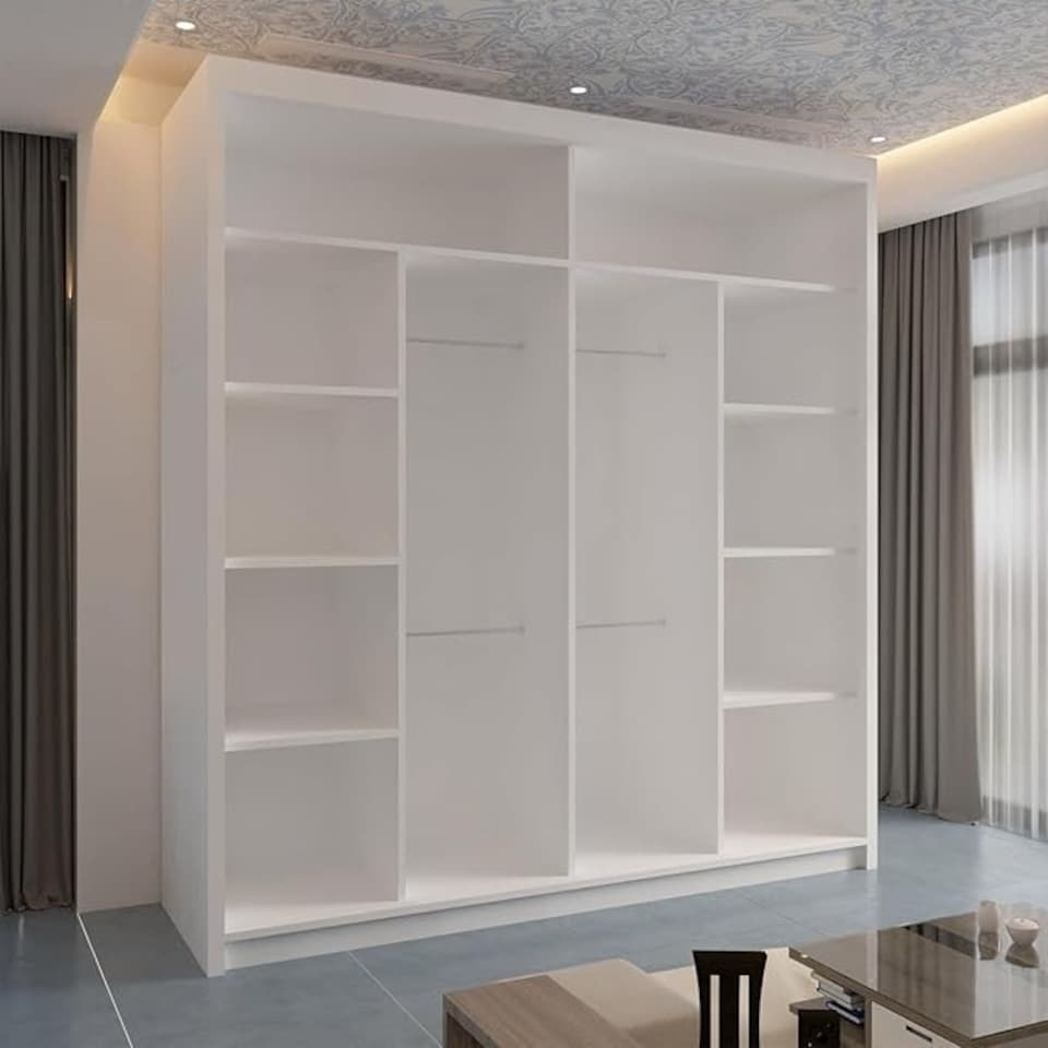 image 1 of Modern Sliding Wardrobe 203cm with Wavy Mirror Design | White, Black, Grey, Oak Finish White | White203cm