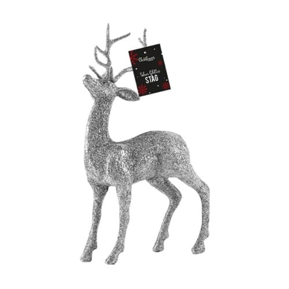 Silver Glittered Christmas Stag Decoration 27cm