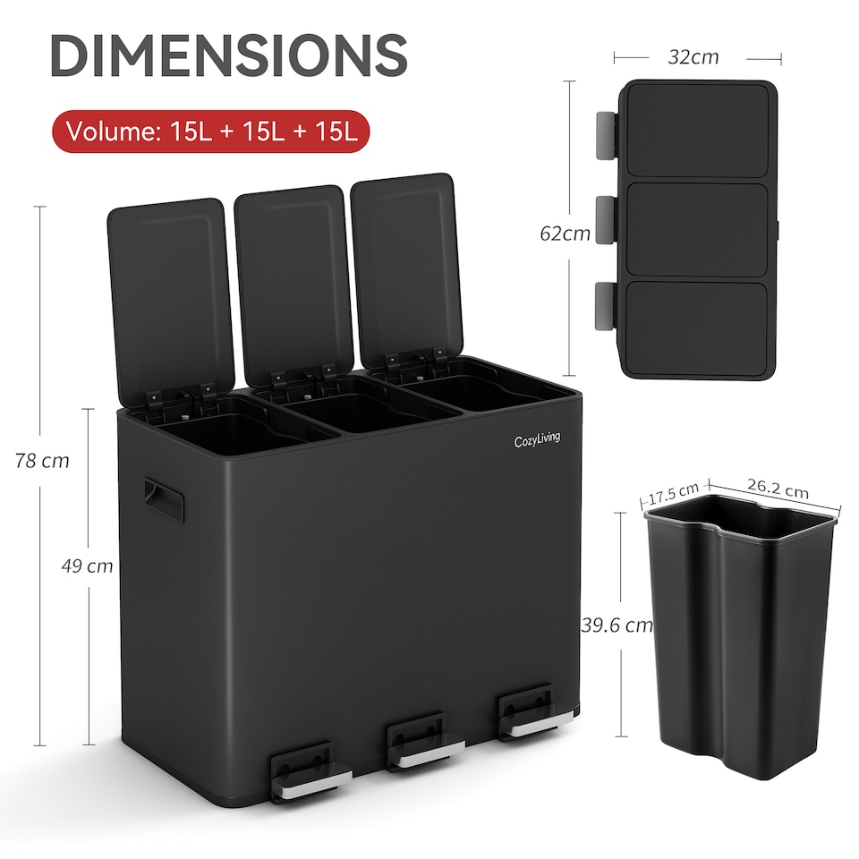 image 1 of CozyLiving 45L Triple Pedal Bin for Recycling and General Waste Rubbish Kitchen Bin 3x 15L