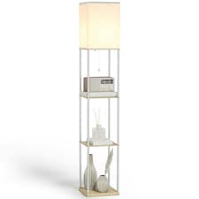 HOMCOM Modern Floor Lamp with Shelves and Fabric Lampshade for Living Room