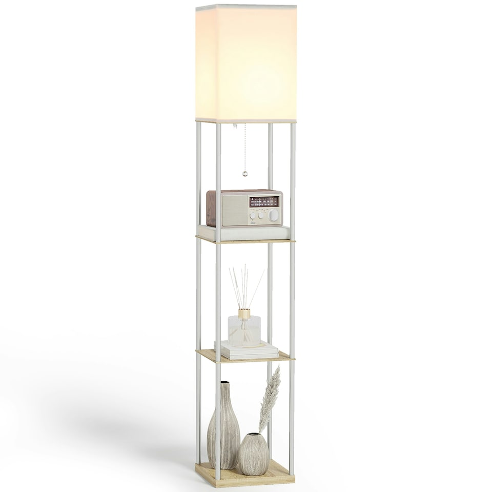 image 1 of HOMCOM Modern Floor Lamp with Shelves and Fabric Lampshade for Living Room