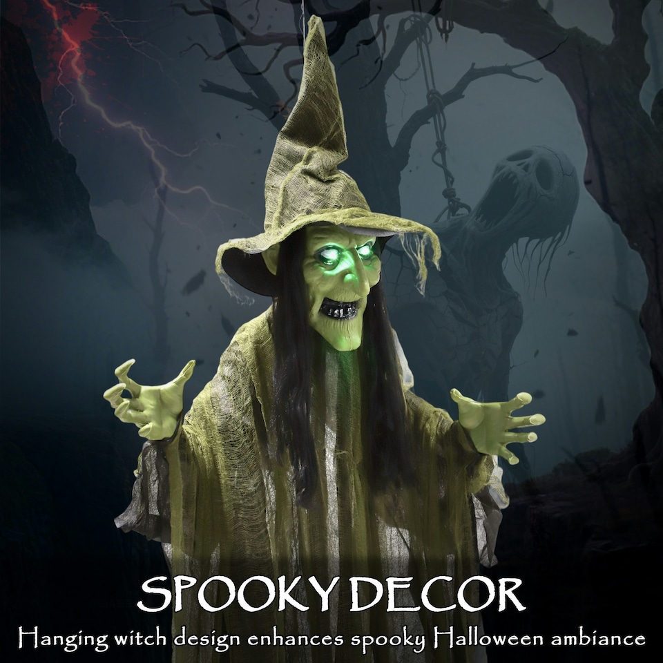 image 1 of Outsunny Voice Activated Halloween Animatronics Hanging Witch, Green