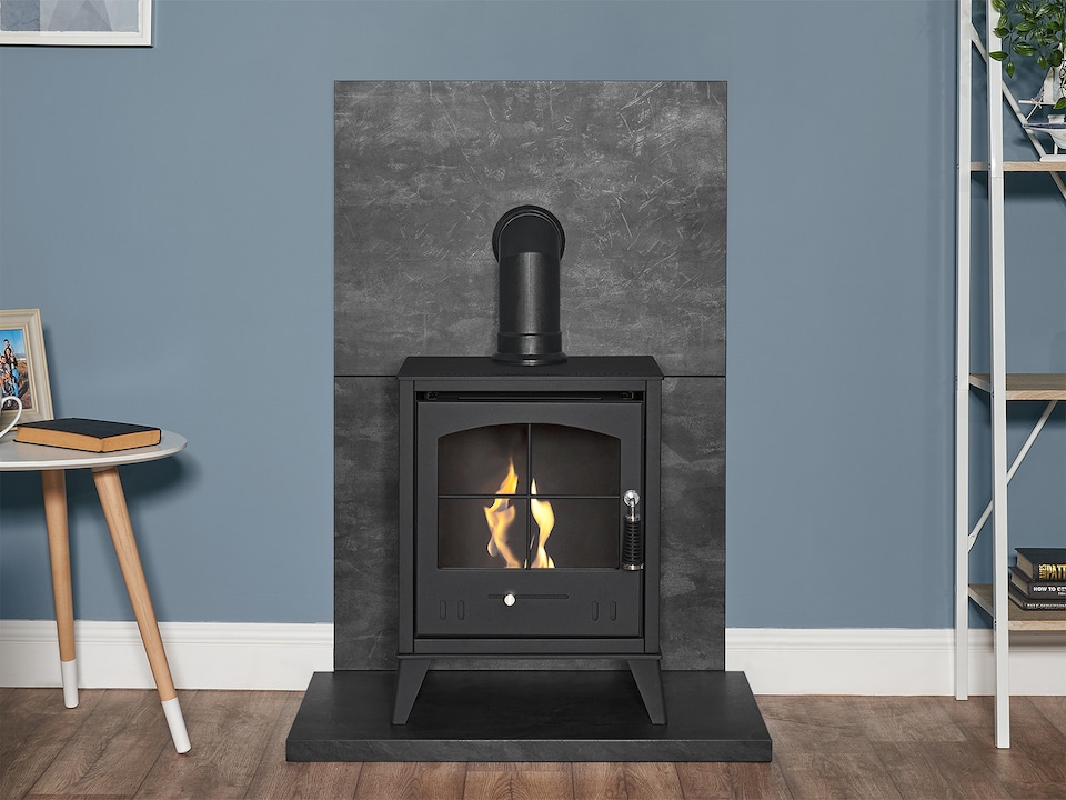 image 1 of OKO S2 Bio Ethanol Stove in Charcoal Grey with Angled Stove Pipe