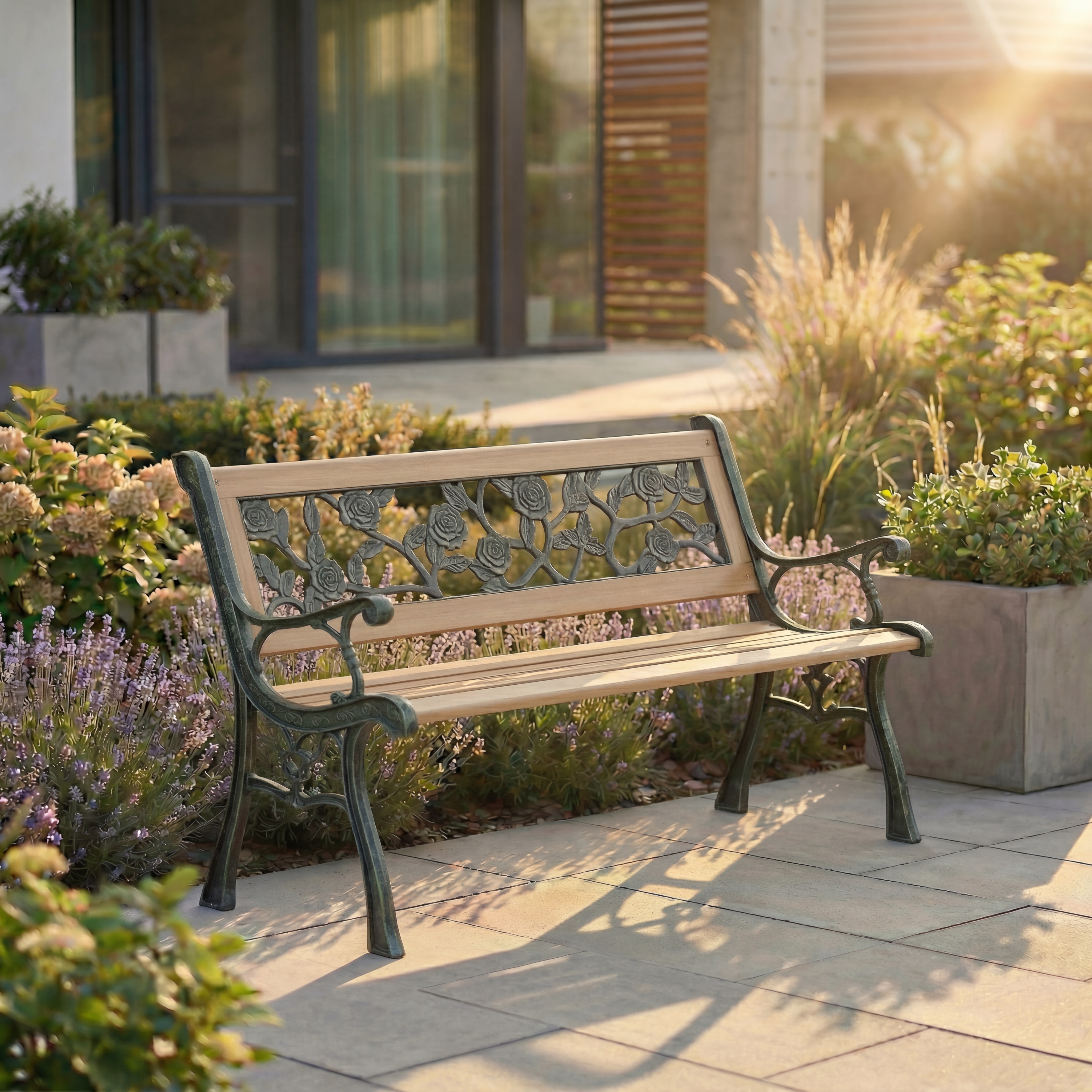 Garden Vida 3 Seater Garden Bench Outdoor Patio Seating, Rose Style