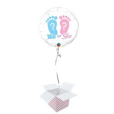 He Or She Footprints Gender Reveal Round Foil Helium Qualatex Balloon - Inflated Balloon in a Box