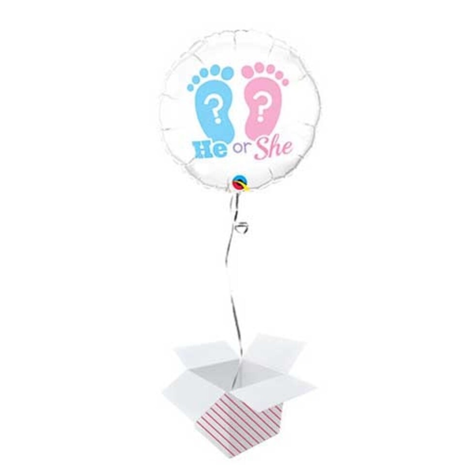He Or She Footprints Gender Reveal Round Foil Helium Qualatex Balloon - Inflated Balloon in a Box