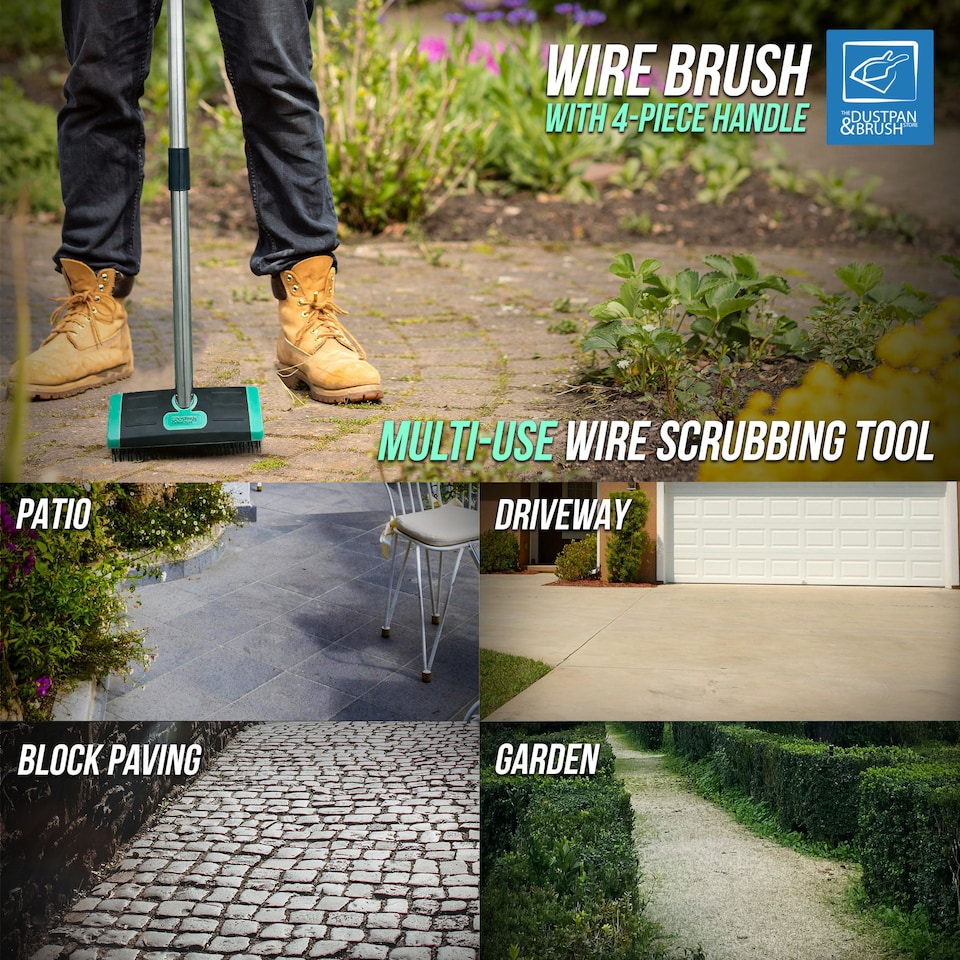 image 1 of Long Handled Wire Moss and Weed Brush Heavy Duty Patio Scrubber