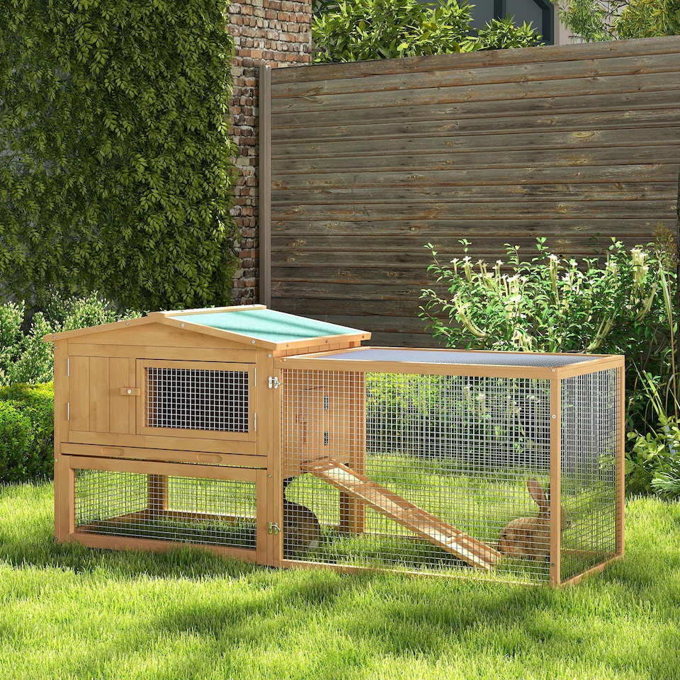 image 1 of PawHut Rabbit Hutch, Guinea Pig Hutch 2 Tier with Run for Outdoor Garden