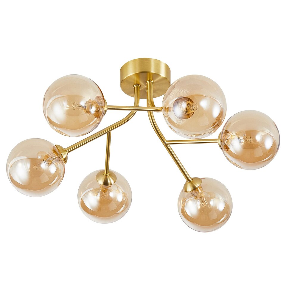 image 1 of Designer Satin Gold 6-Arm Ceiling Light Fixture with Amber Tinted Glass Shades | Gold