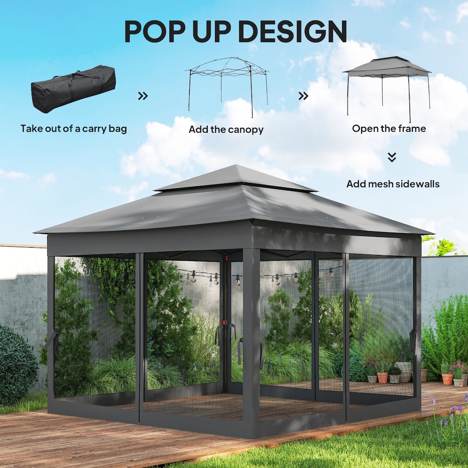 image 1 of Outsunny 3 x 3m Pop Up Gazebo, Doubleroof Garden Tent with Netting and Carry Bag, Party Event Shelter for Outdoor Patio, Dark Grey