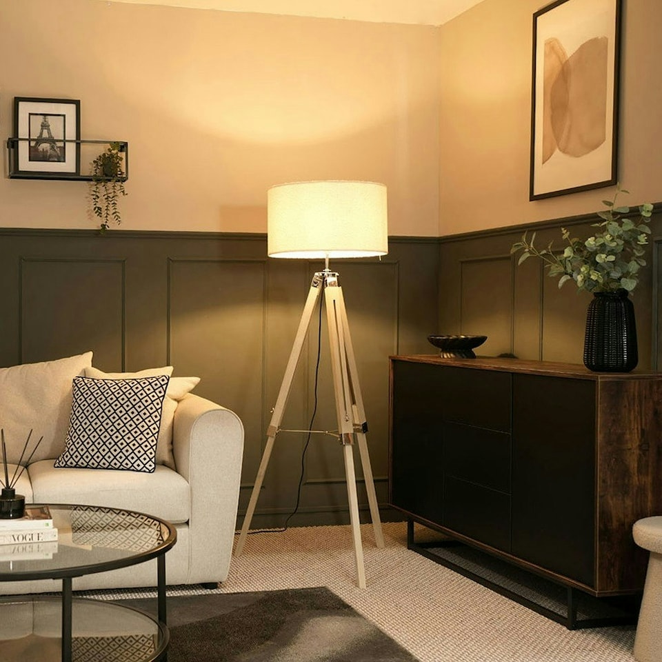 image 1 of ValueLights Clipper Painted Natural Floor Lamp with Large Cream Drum Shade