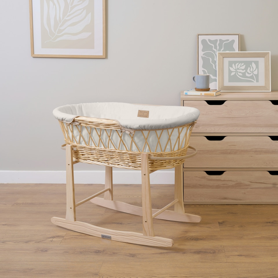 image 1 of Clair de Lune Organic Wicker Moses Basket With Rocking Stand - Cream