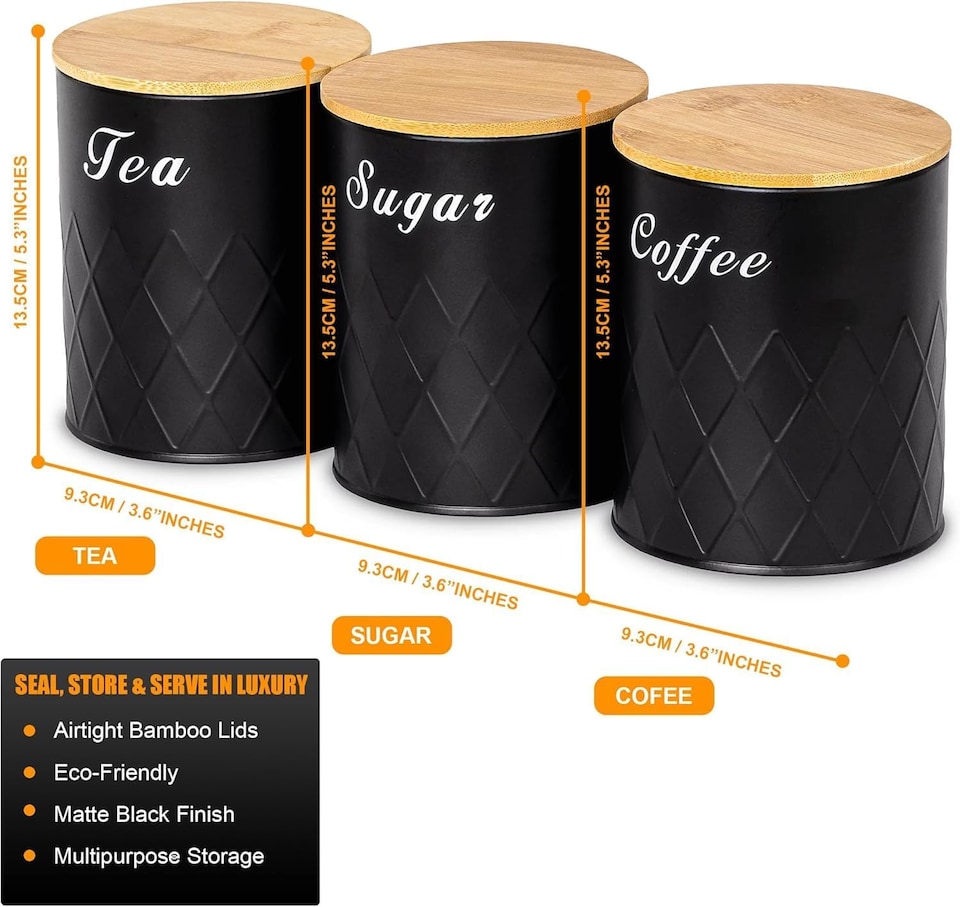 image 1 of 6Pcs Kitchen Storage Canister Jars with Can Opener Airtight Bamboo Lid Tea Coffee Sugar Bread Tins Set