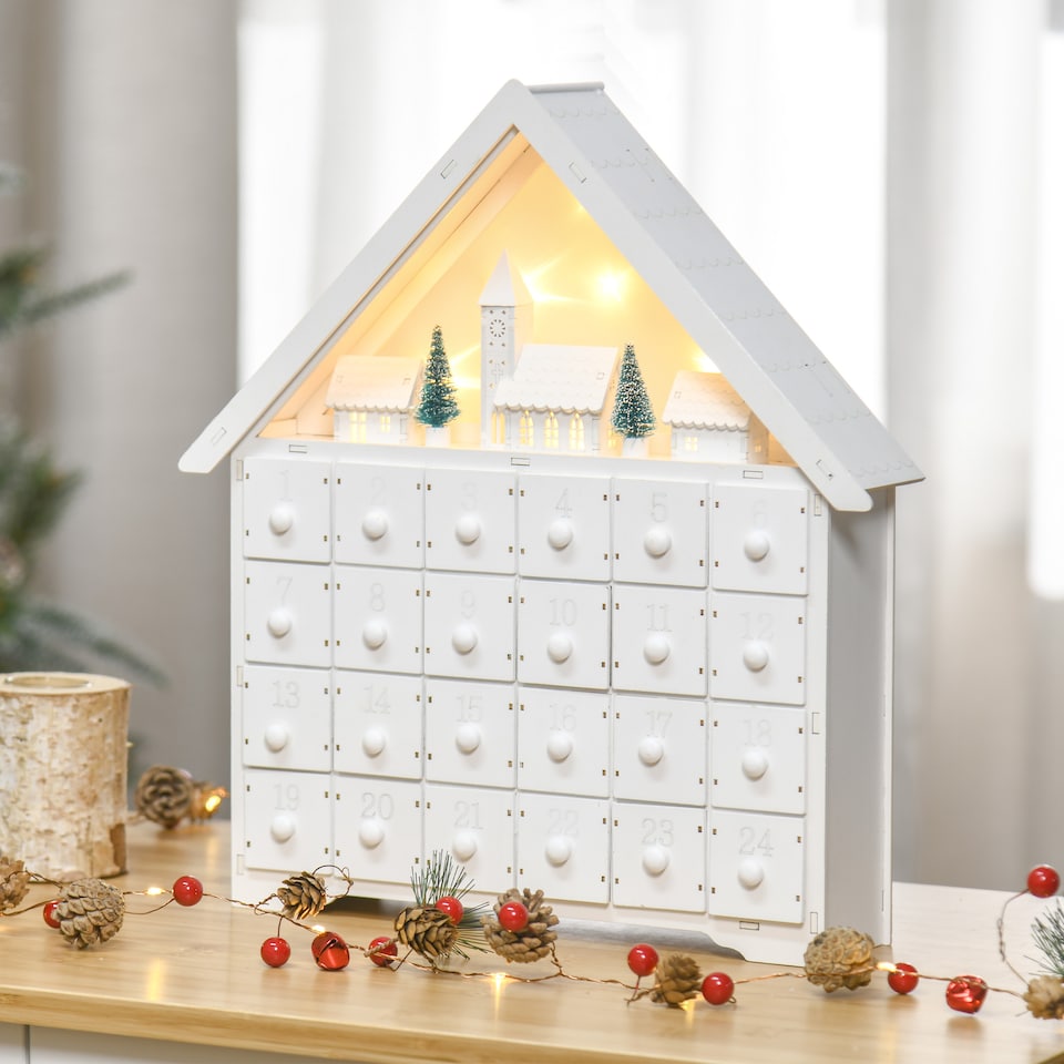 image 1 of HOMCOM 24Drawer Christmas Advent Calendar, Wooden LightUp Traditional Decoration, Adults Kids Countdown Holiday House w Lights Handle White