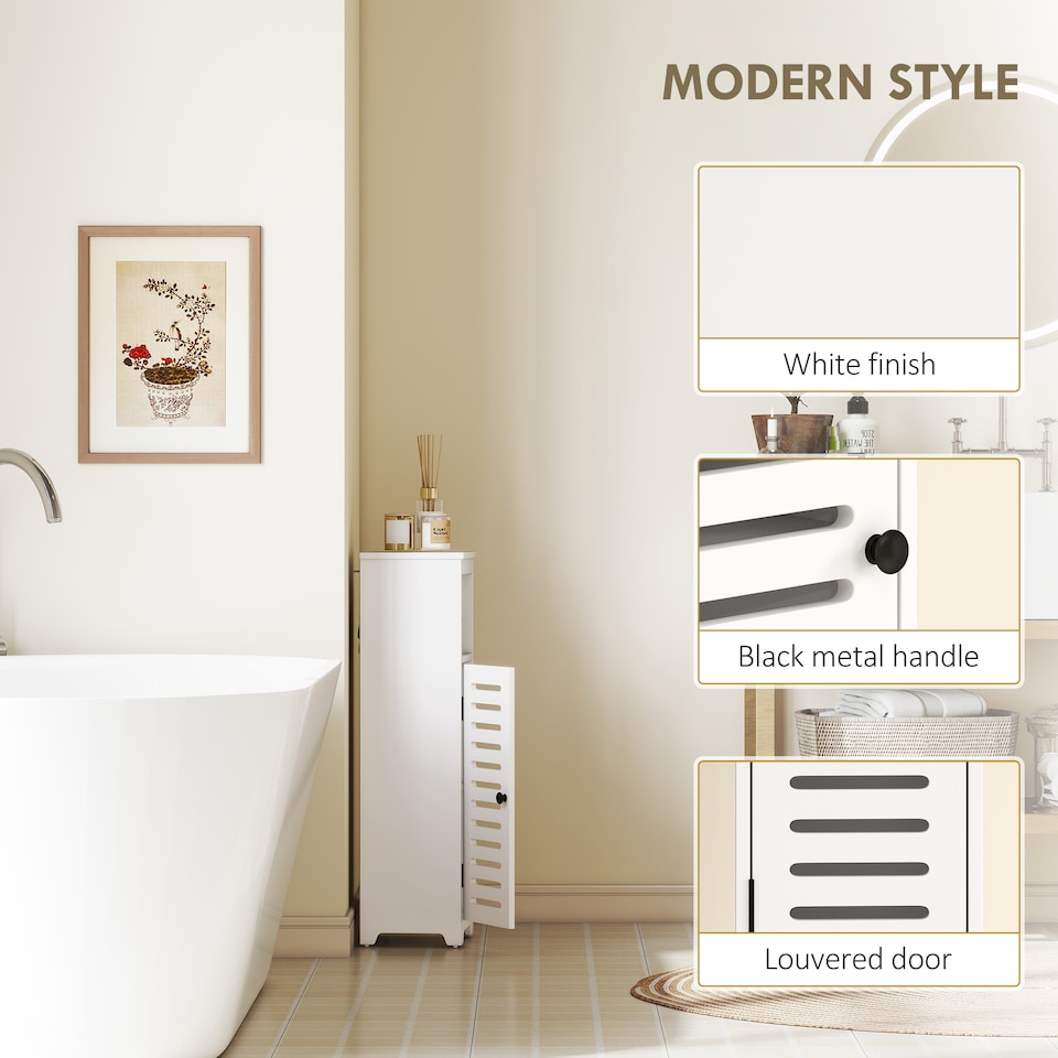 image 1 of HOMCOM Slim Bathroom Floor Cabinet with Louvered Door, Bathroom Storage Unit with Open Shelf, Adjustable Shelf, Freestanding Bathroom Cabinet Storage Cupboard, for Bathroom Living Room Kitchen, White
