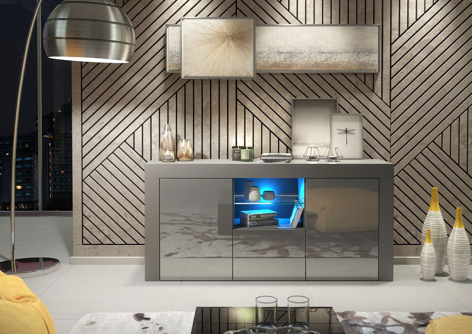 image 1 of TV Unit TV Stand Sideboard Media Cabinet Storage Cabinet Grey High Gloss LED 145cm